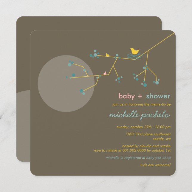 Nesting Bird Family Tree Simple Chic Baby Shower Invitation (Front/Back)
