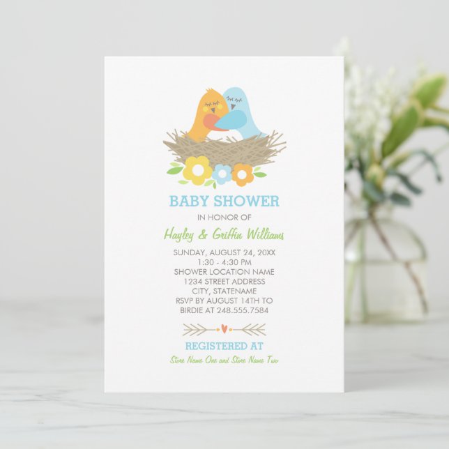 Nesting Birds Spring Baby Boy Shower Invitation (Standing Front)