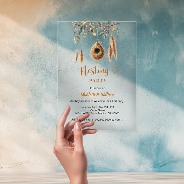 Nesting party bird nest boho baby shower acrylic invitations (Creator Uploaded)
