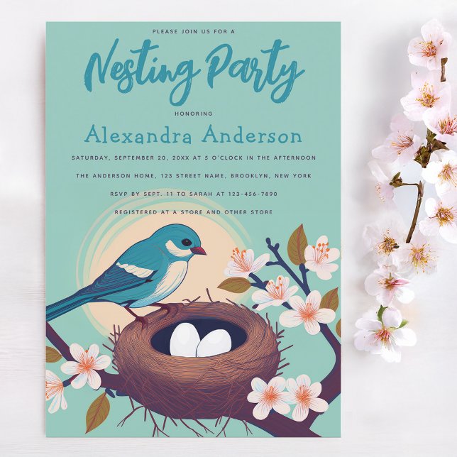 Nesting Party Blue Bird Nest Eggs Floral Blossom Invitation (Creator Uploaded)