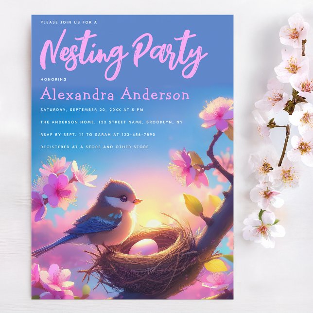 Nesting Party Cute Bird & Egg Floral Pink Blossom Invitation (Creator Uploaded)