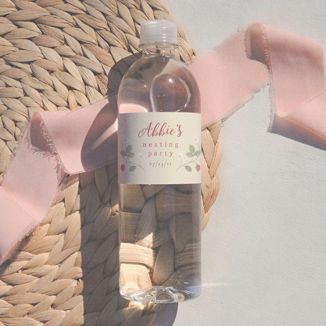 Nesting Party Strawberries Floral Girl Baby Shower Water Bottle Label (Creator Uploaded)