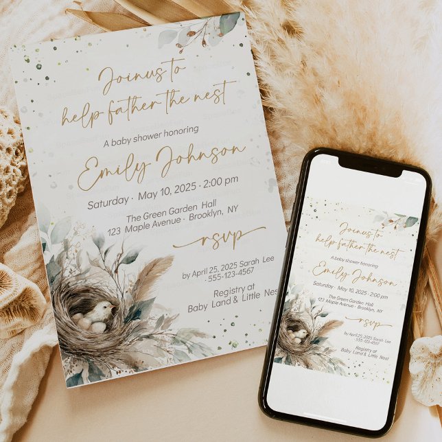 Nesting Woodland Neutral Rustic Fores Baby Shower  Invitation (Celebrate in style with the Nesting Woodland Neutral Baby Shower Collection. Featuring rustic nest d)