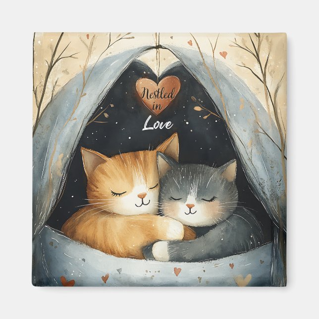 Nestled in Love Kitty Cat Cuddles Illustrated Art Magnet (Front)