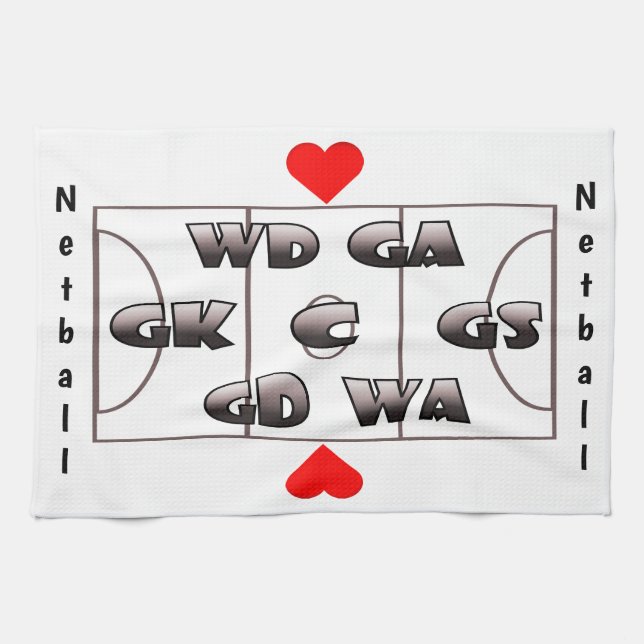 Netball Court and Positions Heart Design Tea Towel (Horizontal)