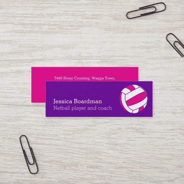 Netball sports ball player coach pink purple mini business card (Front/Back In Situ)