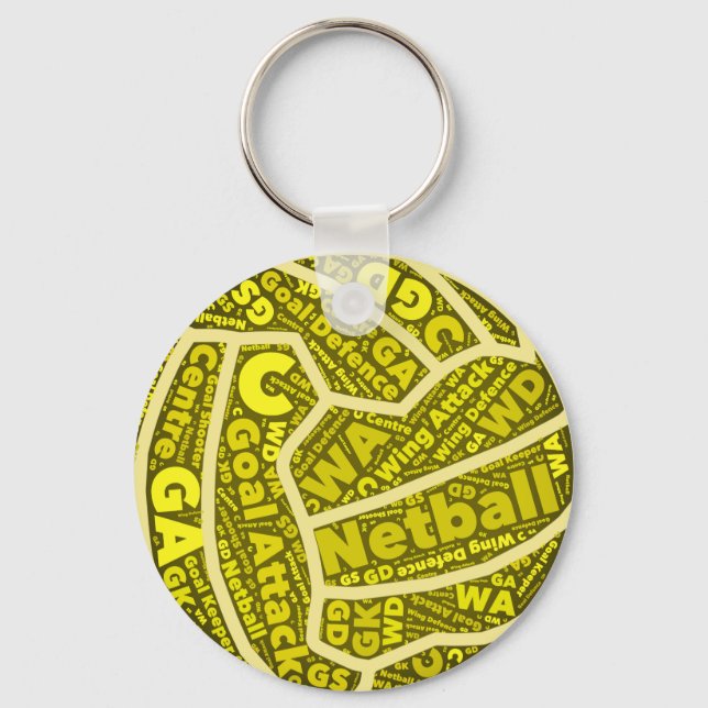Netball Themed Yellow Typography Ball Design Key Ring (Front)