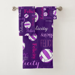 Netballs sports pink purple white custom name bath towel set