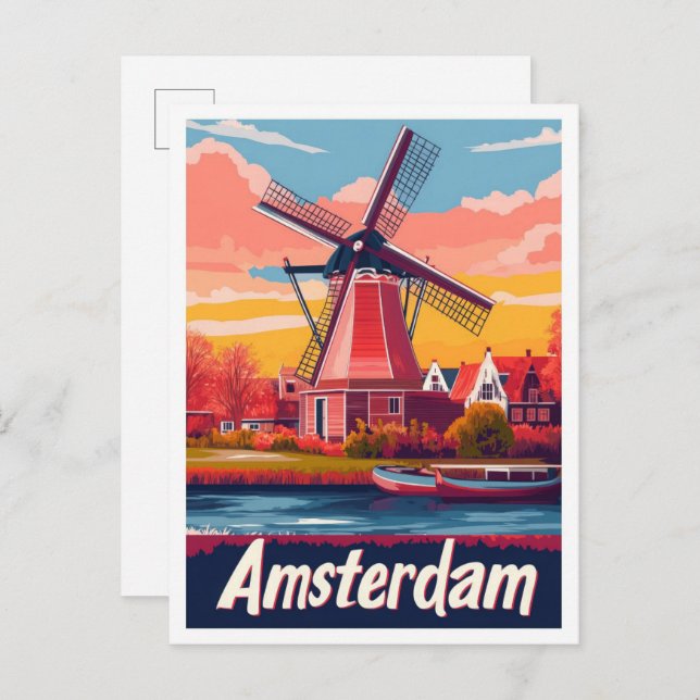 Netherlands Amsterdam Vintage Travel Illustration Postcard (Front/Back)