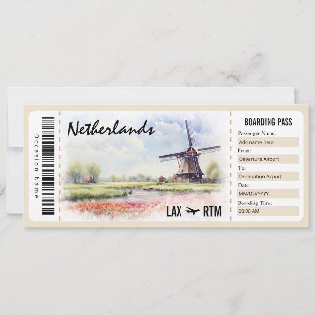 Netherlands Boarding Pass Gift Certificate Invitation (Front)