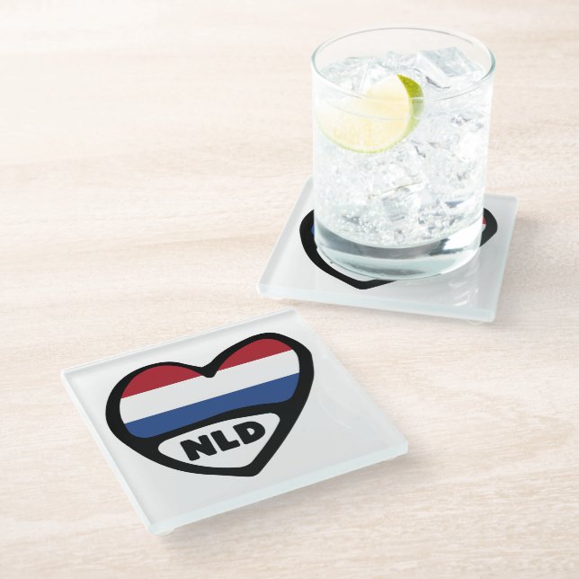Netherlands Country Code Flag Heart, NLD Glass Coaster (Angled)