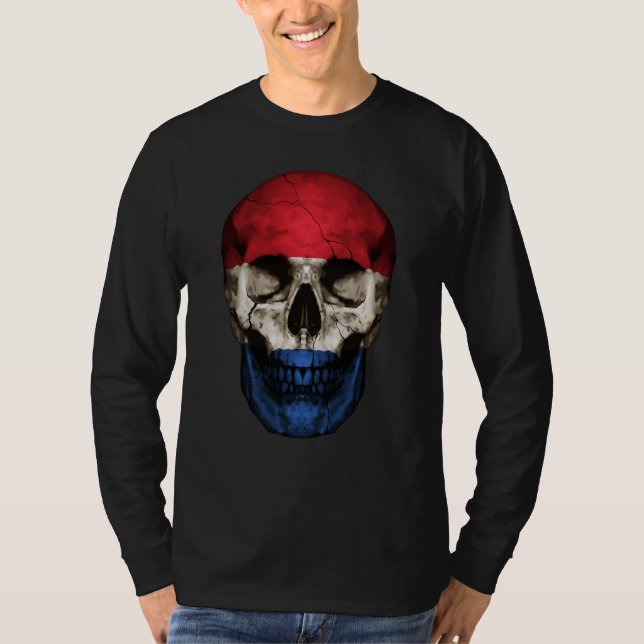 Netherlands Flag Skull Dutch Roots Proud Patriotic T-Shirt (Front)