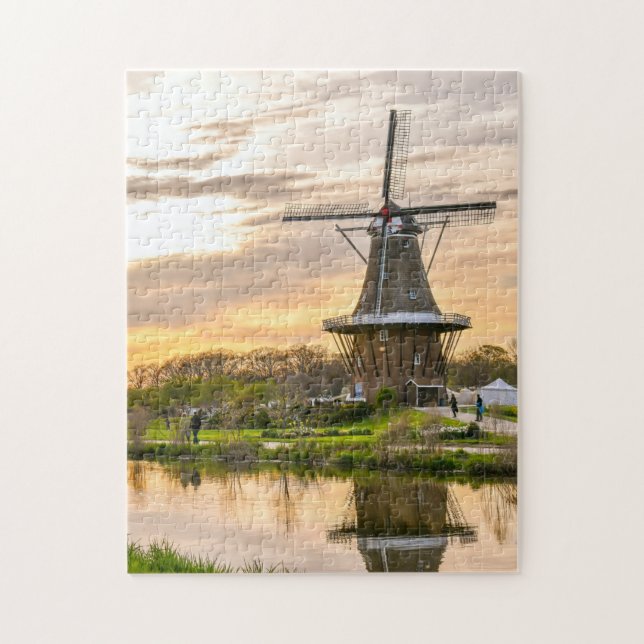 Netherlands Holland Europe Wind Mills Lake Sunset Jigsaw Puzzle (Vertical)