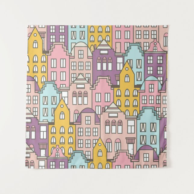 Netherlands houses set hand drawn seamless pattern tapestry (Front)
