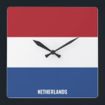 Netherlands National Flag Patriotic Square Wall Clock<br><div class="desc">Netherlands National Flag Patriotic Square Wall Clock with the country flag in the national colours printed all over the clock. Country name is subtly integrated in the design on the bottom. Text is fully customisable using "Customise it!" feature. This charming design is the stunning gift and the great show piece...</div>