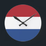 netherlands round clock<br><div class="desc">Flag of the Netherlands. The flag of the Netherlands is a horizontal tricolour of red, white, and blue. It harks back to Charlemagne's time. Variants of the flag have been in use since 1572 and in 1937 the flag was officially formalised as the national flag of the Netherlands and of...</div>
