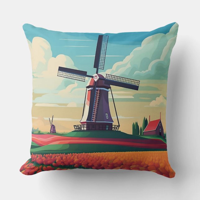 Netherlands Tulip Field Windmill Dutch Flag Travel Cushion (Front)