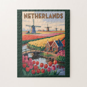 Netherlands Tulips Illustration Travel Art Vintage Jigsaw Puzzle
