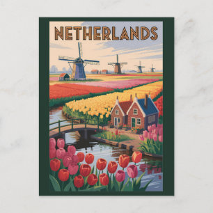 Netherlands Tulips Illustration Travel Art Vintage Postcard