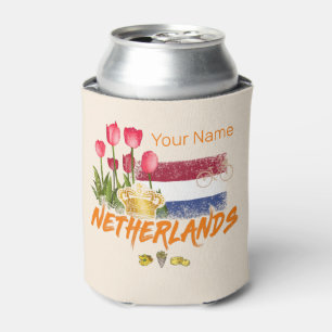Netherlands Vintage Holland Flag and Dutch Tulip Can Cooler