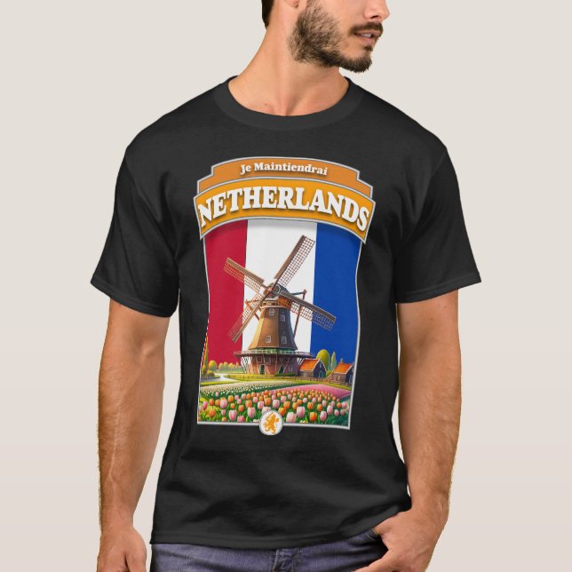 Netherlands Windmill and Tulips T-Shirt (Front)