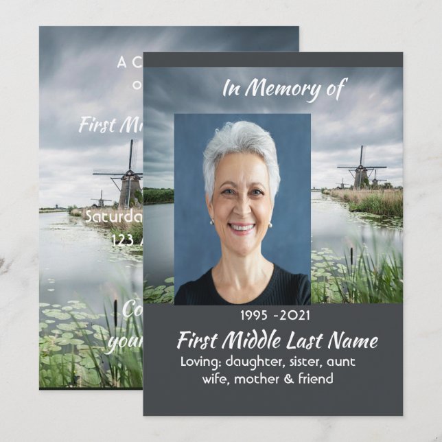 Netherlands Windmill   Celebration of Life Service Invitation (Front/Back)