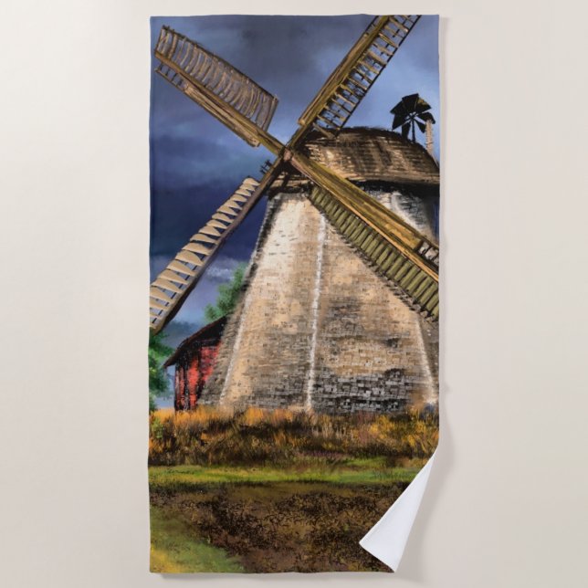 Netherlands Windmill Landscape Beach Towel (Front)