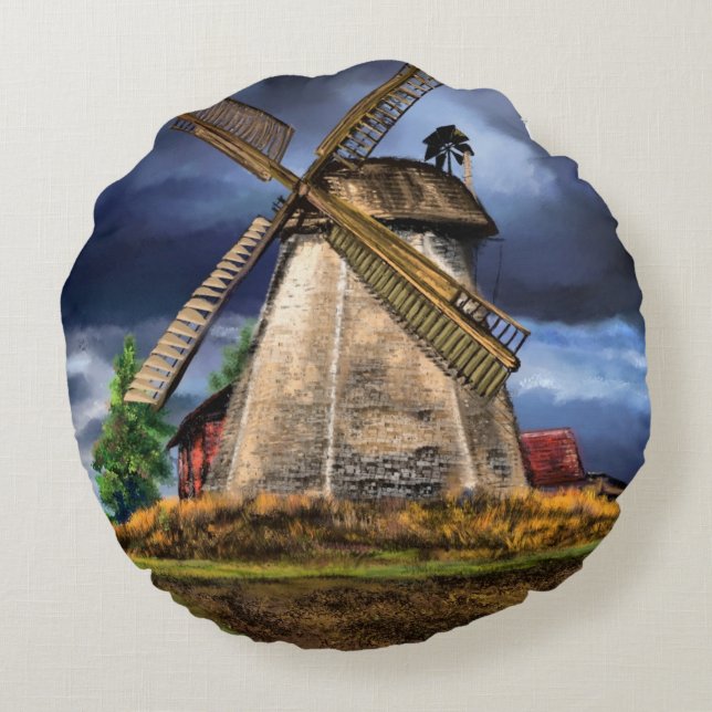 Netherlands Windmill Landscape Round Pillow (Back)