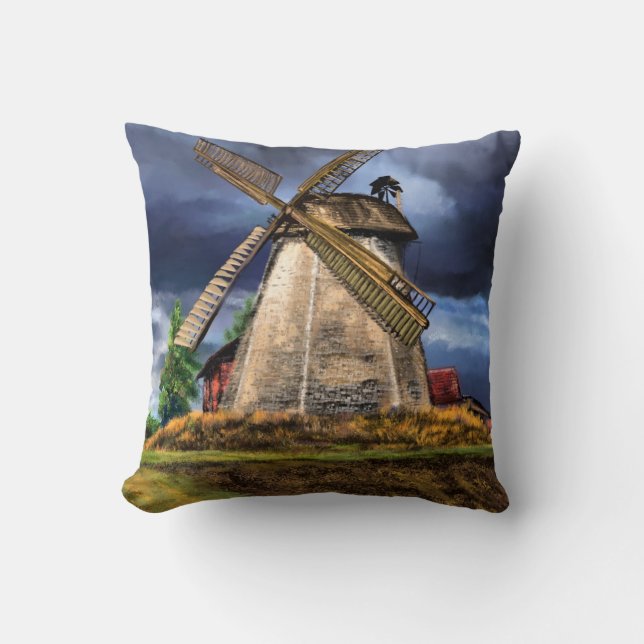 Netherlands Windmill Landscape Throw Pillow (Front)