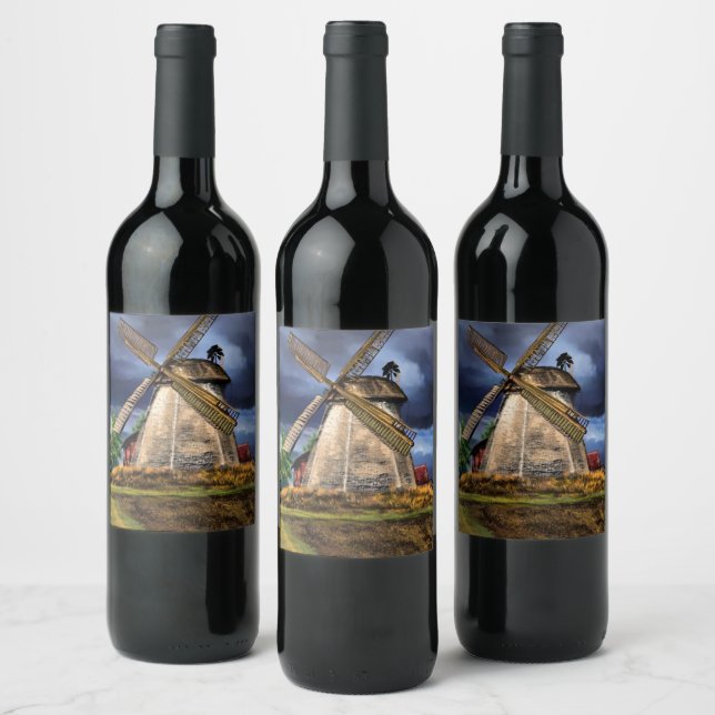 Netherlands Windmill Landscape Wine Label (Bottles)