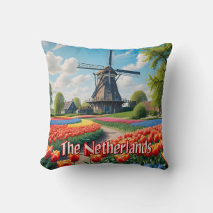 Netherlands Windmill & Tulips Cushion