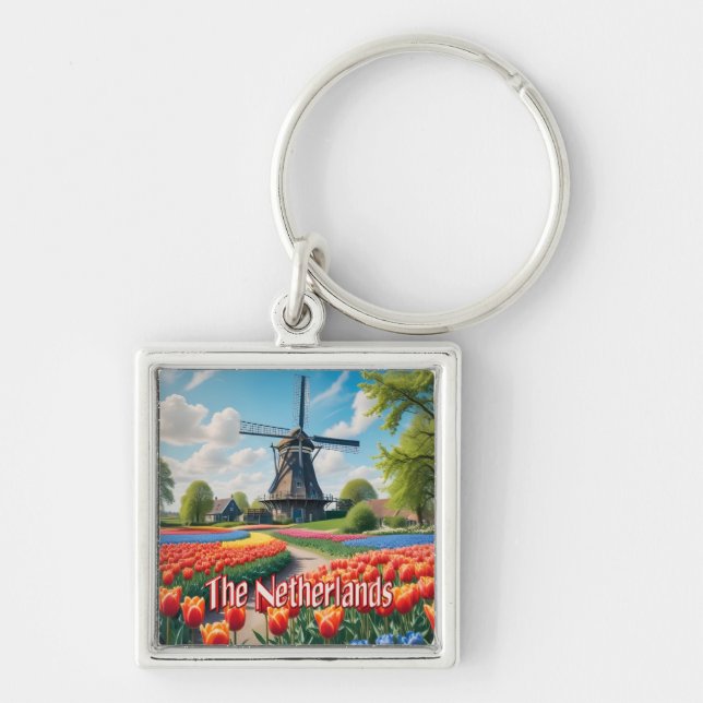 Netherlands Windmill & Tulips Key Ring (Front)