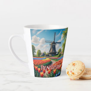 Netherlands Windmill & Tulips Latte Mug