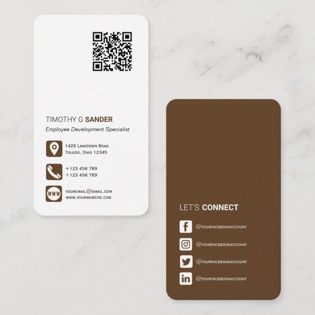 Networking QR code professional social media brown Business Card (Front/Back)