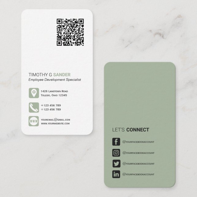 Networking QR code simple social media sage green  Business Card (Front/Back)