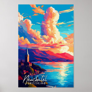 Neuchatel Switzerland vintage travel illustration Poster