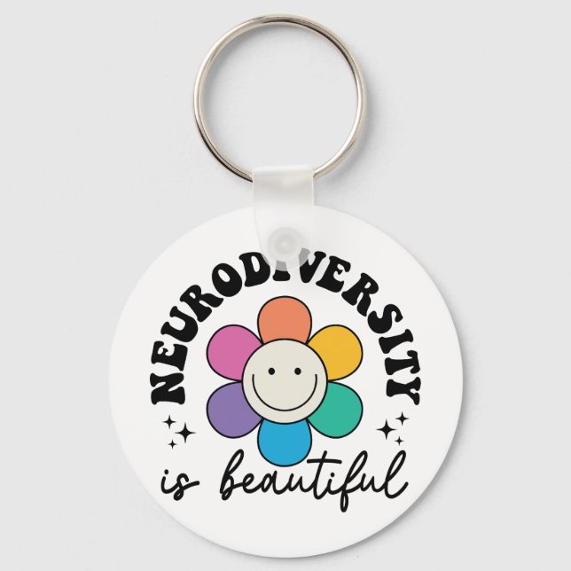 "Neurodiversity is Beautiful" Retro Flower Key Ring (Front)