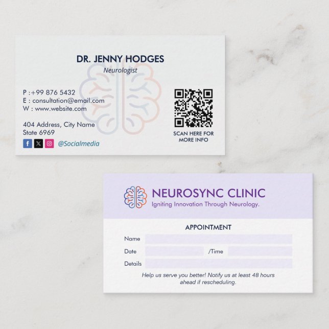 Neurology Clinic Business | Clean Appointment Business Card (Front/Back)
