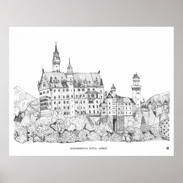 Neuschwanstein Castle Germany Fine Line Art Poster (Front)