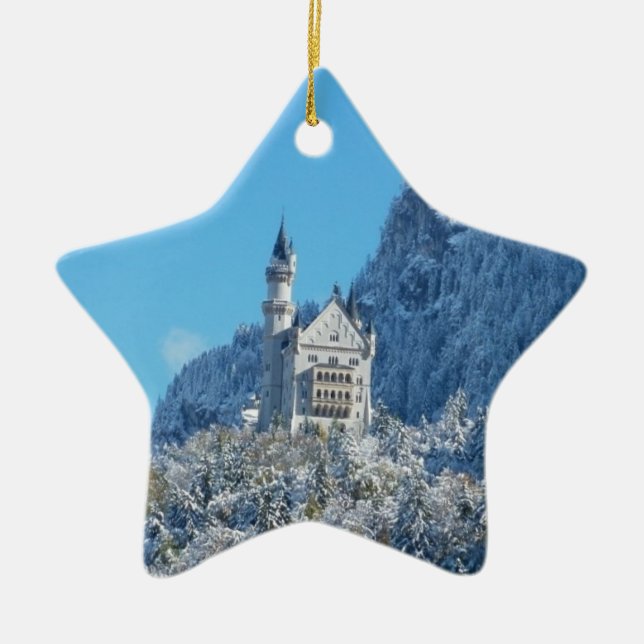 Neuschwanstein Castle in Winter Ceramic Tree Decoration (Front)