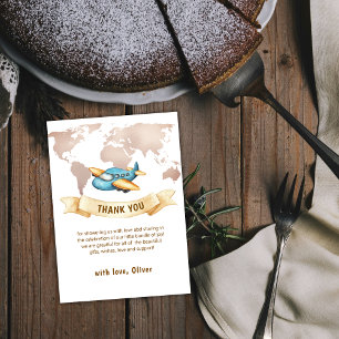 Neutral Adventure World Map Airplane Baby Shower Thank You Card