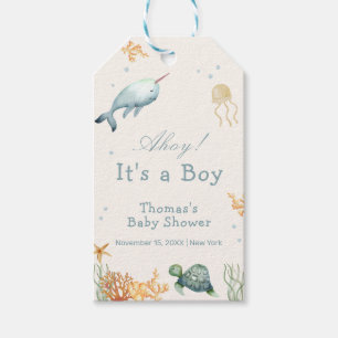 Neutral Ahoy Under The Sea Whale Boy Baby Shower  Gift Tags