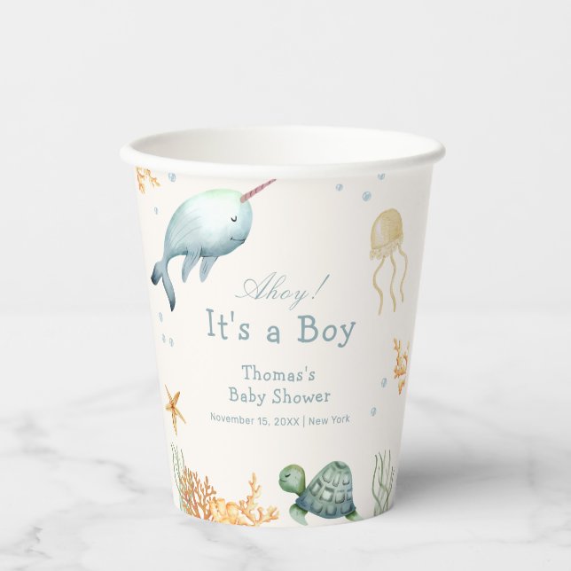 Neutral Ahoy Under The Sea Whale Boy Baby Shower  Paper Cups (Front)