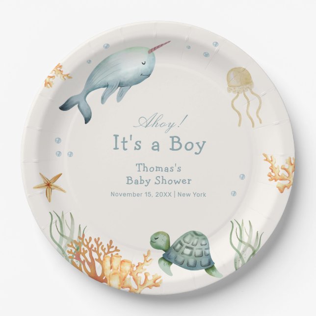Neutral Ahoy Under The Sea Whale Boy Baby Shower  Paper Plate (Front)