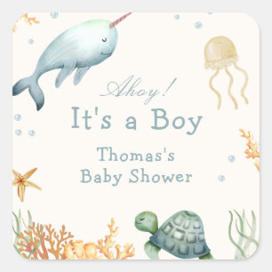 Neutral Ahoy Under The Sea Whale Boy Baby Shower Square Sticker