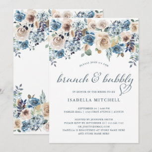 Neutral and Blue Floral Brunch and Bubbly Invitation