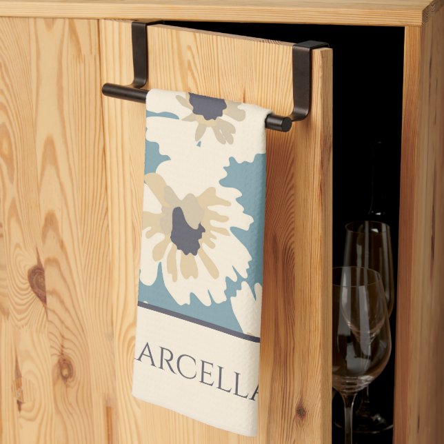 Neutral and Blue Floral Patterns Personalised  Tea Towel (Thirds Fold)