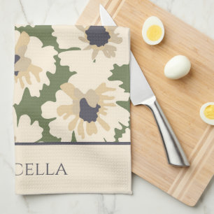 Neutral and Green Floral Patterns Personalised Tea Towel