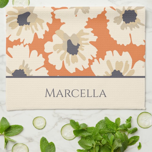 Neutral and Orange  Floral Patterns Personalised  Tea Towel (Folded)