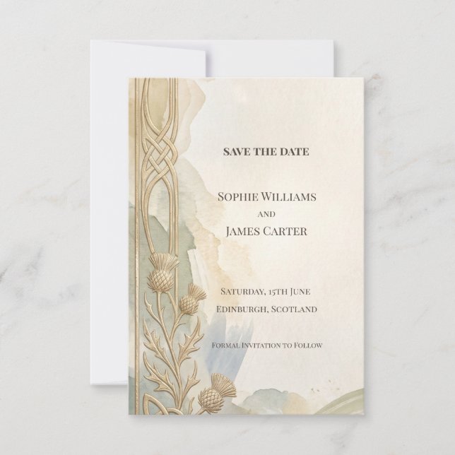 Neutral Art Deco Floral Save The Date Card (Front)